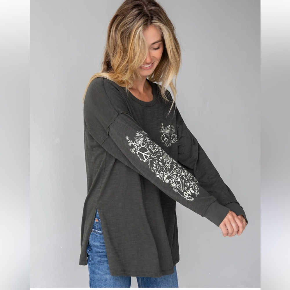 NATURAL LIFE Oversized Graphic Doodle Washed Charcoal Long Sleeve T-Shirt Medium